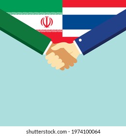 The handshake and two flags Iran and Thailand. Flat style vector illustration.