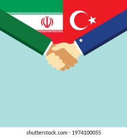 The handshake and two flags Iran and Turkey. Flat style vector illustration.