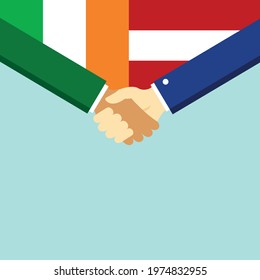 The handshake and two flags Ireland and Austria. Flat style vector illustration.
