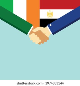 The handshake and two flags Ireland and Egypt. Flat style vector illustration.