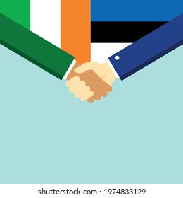The handshake and two flags Ireland and Estonia. Flat style vector illustration.