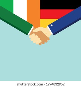 The handshake and two flags Ireland and Germany. Flat style vector illustration.