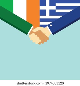 The handshake and two flags Ireland and Greece. Flat style vector illustration.