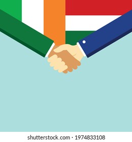 The handshake and two flags Ireland and Hungary. Flat style vector illustration.
