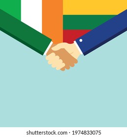 The handshake and two flags Ireland and Lithuania. Flat style vector illustration.