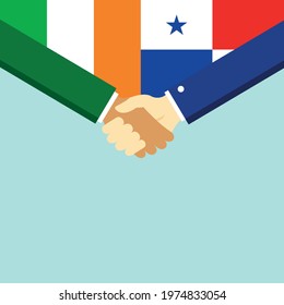 The handshake and two flags Ireland and Panama. Flat style vector illustration.