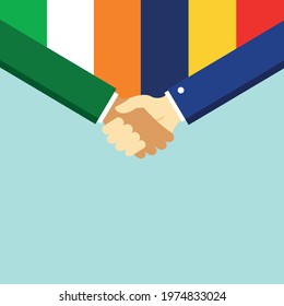 The handshake and two flags Ireland and Romania. Flat style vector illustration.