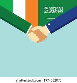 The handshake and two flags Ireland and Saudi Arabia. Flat style vector illustration.