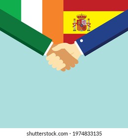 The handshake and two flags Ireland and Spain. Flat style vector illustration.