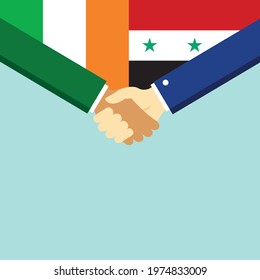 The handshake and two flags Ireland and Syria. Flat style vector illustration.