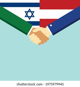 The handshake and two flags Israel and Austria. Flat style vector illustration.