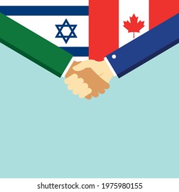 The handshake and two flags Israel and Canada. Flat style vector illustration.