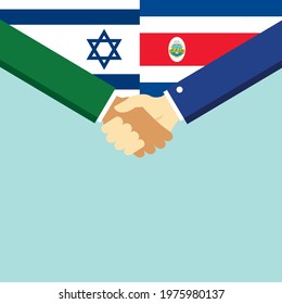 The handshake and two flags Israel and Costa Rica. Flat style vector illustration.