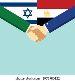 The handshake and two flags Israel and Egypt. Flat style vector illustration.