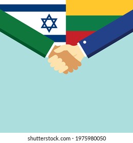 The handshake and two flags Israel and Lithuania. Flat style vector illustration.