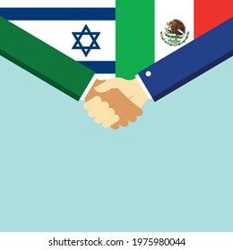 The handshake and two flags Israel and Mexico. Flat style vector illustration.