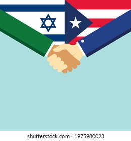 The handshake and two flags Israel and Puerto Rico. Flat style vector illustration.