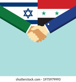 The handshake and two flags Israel and Syria. Flat style vector illustration.