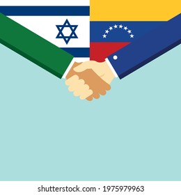 The handshake and two flags Israel and Venezuela. Flat style vector illustration.