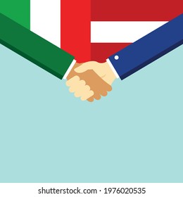 The handshake and two flags Italy and Austria. Flat style vector illustration.