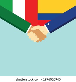 The handshake and two flags Italy and Colombia. Flat style vector illustration.