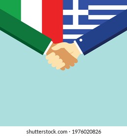 The handshake and two flags Italy and Greece. Flat style vector illustration.
