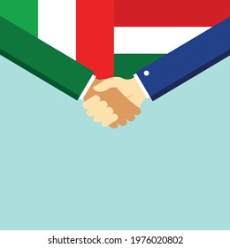 The handshake and two flags Italy and Hungary. Flat style vector illustration.