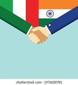 The handshake and two flags Italy and India. Flat style vector illustration.