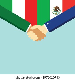The handshake and two flags Italy and Mexico. Flat style vector illustration.