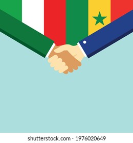 The handshake and two flags Italy and Senegal. Flat style vector illustration.
