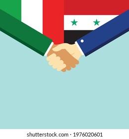 The handshake and two flags Italy and Syria. Flat style vector illustration.