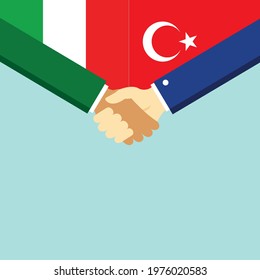 The handshake and two flags Italy and Turkey. Flat style vector illustration.