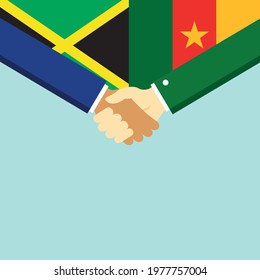 The handshake and two flags Jamaica and Cameroon. Flat style vector illustration.