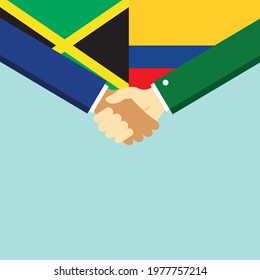 The handshake and two flags Jamaica and Colombia. Flat style vector illustration.