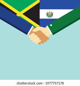 The handshake and two flags Jamaica and El Salvador. Flat style vector illustration.
