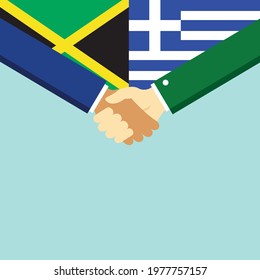 The handshake and two flags Jamaica and Greece. Flat style vector illustration.