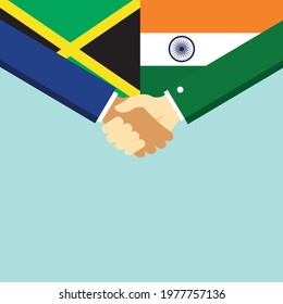 The handshake and two flags Jamaica and India. Flat style vector illustration.