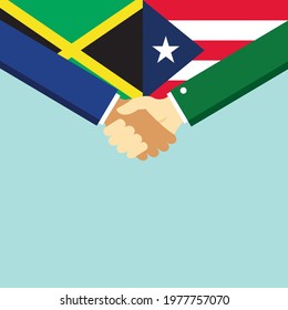 The handshake and two flags Jamaica and Puerto Rico. Flat style vector illustration.