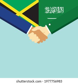 The handshake and two flags Jamaica and Saudi Arabia. Flat style vector illustration.