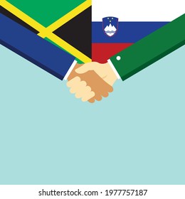 The handshake and two flags Jamaica and Slovenia. Flat style vector illustration.
