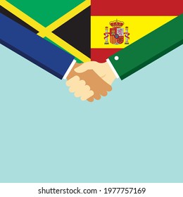 The handshake and two flags Jamaica and Spain. Flat style vector illustration.