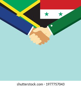 The handshake and two flags Jamaica and Syria. Flat style vector illustration.