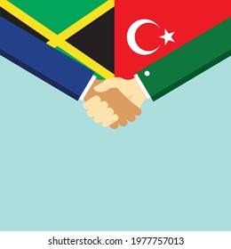 The handshake and two flags Jamaica and Turkey. Flat style vector illustration.