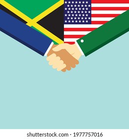 The handshake and two flags Jamaica and USA. Flat style vector illustration.