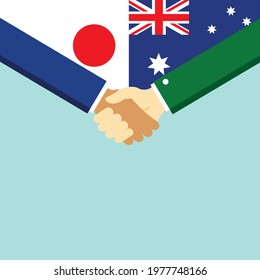 The handshake and two flags Japan and Australia. Flat style vector illustration.