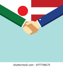 The handshake and two flags Japan and Austria. Flat style vector illustration.