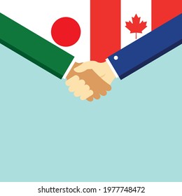 The handshake and two flags Japan and Canada. Flat style vector illustration.