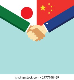 The handshake and two flags Japan and China. Flat style vector illustration.