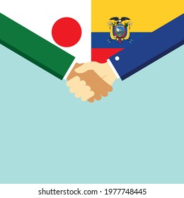 The handshake and two flags Japan and Ecuador. Flat style vector illustration.