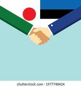 The handshake and two flags Japan and Estonia. Flat style vector illustration.